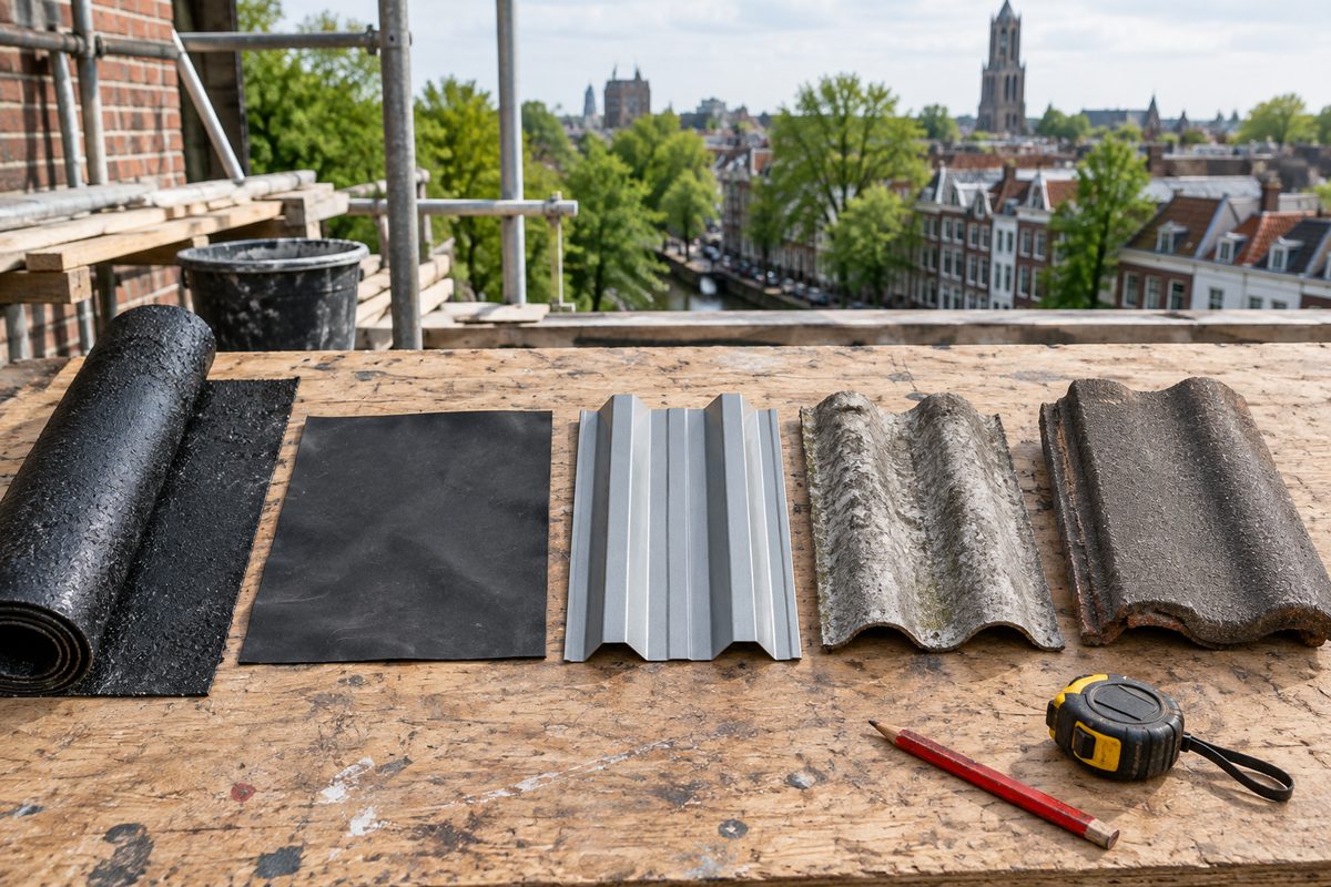Stykker af tagpap, EPDM, stålplade, bølgeplade og betontagsten lagt side om side på en arbejdsbænk