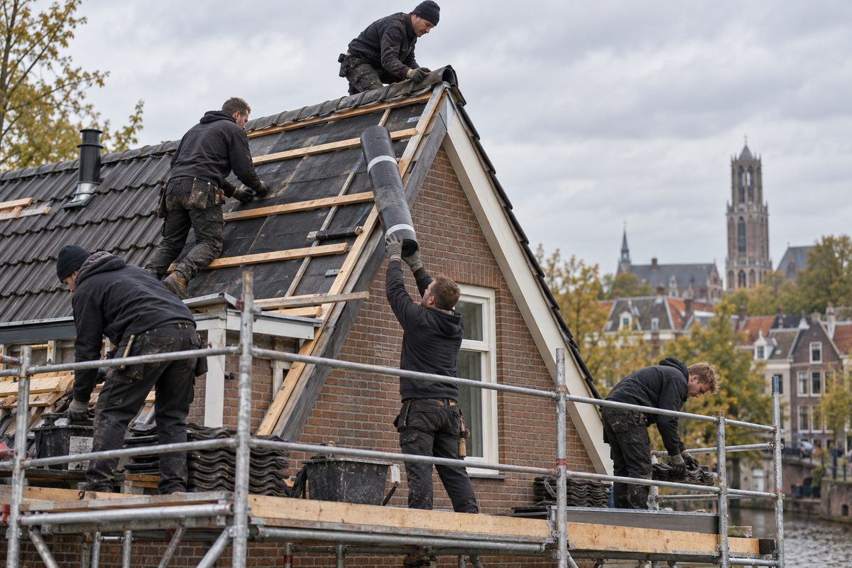 Sjakket på fem arbejder på stillads og tag ved et lille hus