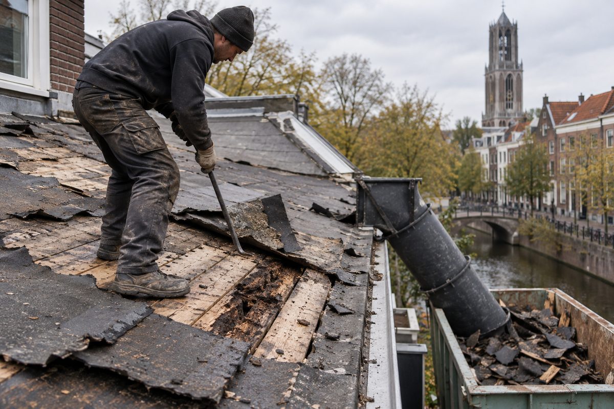Gammel tagpap revet af et lille hus, så brædderne og et rådent bræt ses