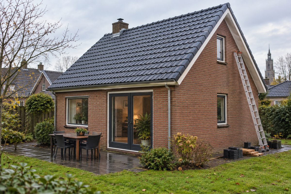 Lille murstenshus med nyt tag af antracitgrå betontagsten og en stige ved gavlen