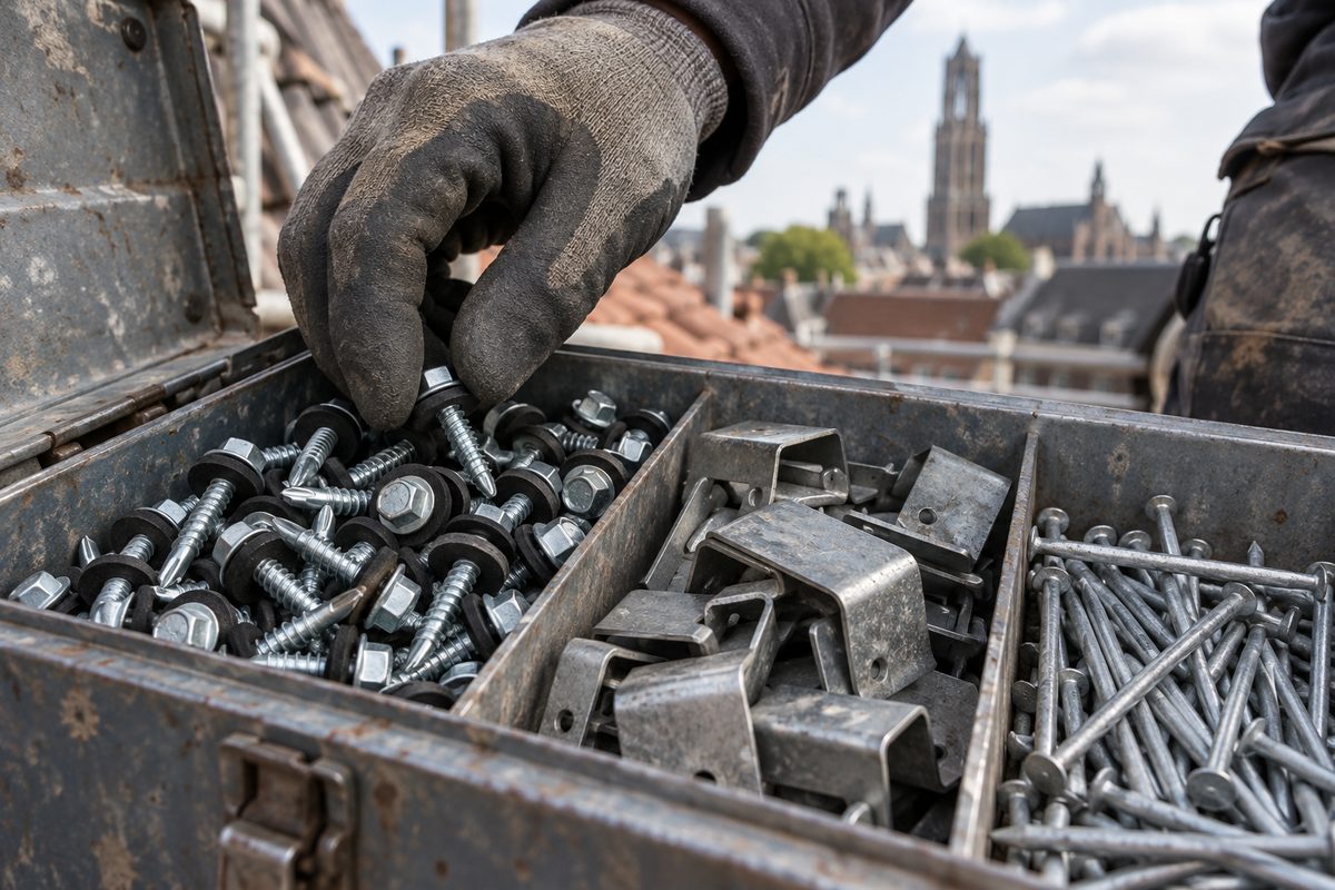 Åben værktøjskasse med tagskruer med gummiskiver, tagstensclips og galvaniserede søm