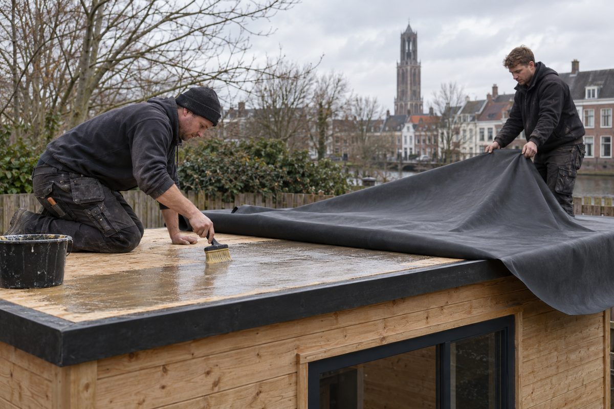 To tagdækkere folder en samlet EPDM-dug ud over det flade tag på et træskur i en have