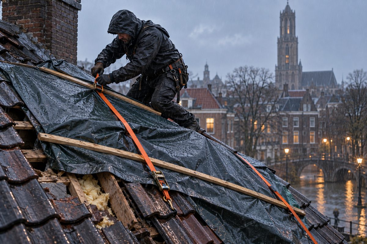 Tagdækker spænder en presenning fast over et beskadiget tag i kraftig regn